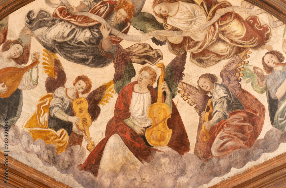 Fototapeta premium Busto Arsizio - The fresco of angels with the music instruments in the church Santuario di Santa Maria di Piazza by Giovan Battista della Cerva (1542).