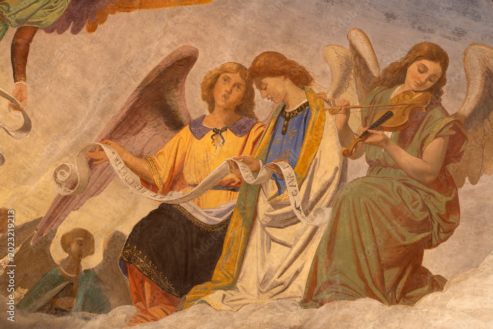 Fototapeta premium Busto Arsizio - The fresco of angels with the music instruments in the church Santuario di Santa Maria di Piazza by unknow artist from end of 19. cent.