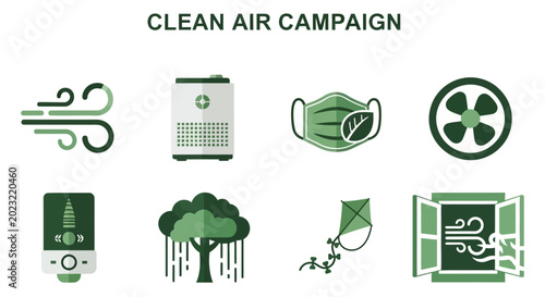Eight green icons set against a white background featuring wind an air purifier a mask a fan a gauge trees a kite and a window