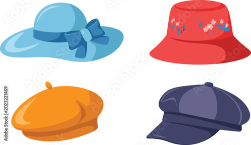 Tableau sur toile Women fashion hats vector illustration set featuring elegant blue sunhat red buc