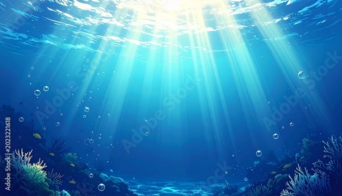Vibrant underwater scene celebrating World Oceans Day with sunbeams shining through ocean water and coral reef ecosystem