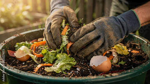 Person composting food waste in backyard compost bin garden 