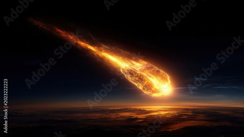Meteor entering atmosphere leaving bright trail across night sky above earth horizon. Space impact event concept