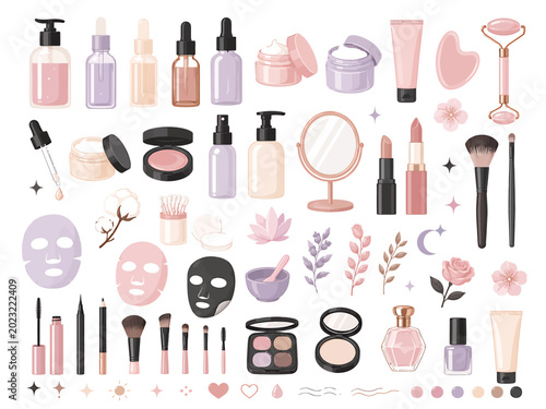 Assorted collection of beauty care items including facial serums creams perfume bottles makeup brushes lipsticks mirrors and skin treatment masks for daily routine and aesthetic personal