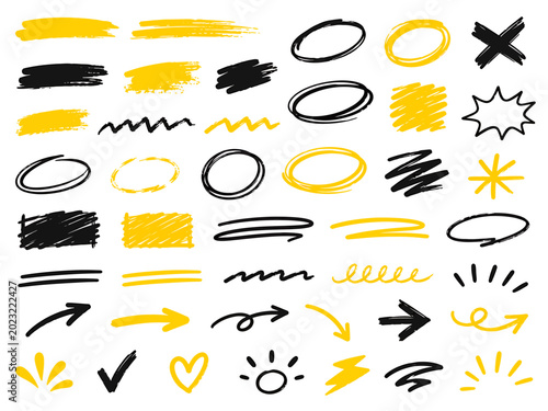 Diverse collection of hand drawn doodle shapes including arrows circles lines and scribbles for creative design projects and artistic highlights crafted with expressive strokes for professional