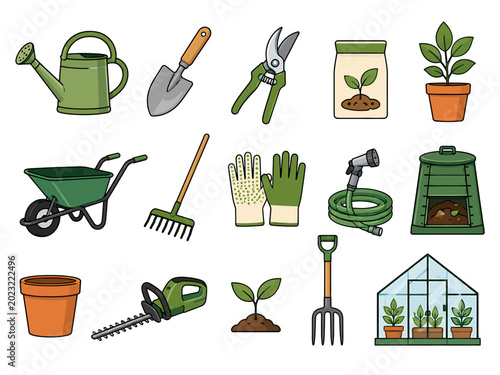 Garden equipment collection featuring essential agricultural implements and tools for planting maintaining flowers or vegetables in your backyard greenhouse or community allotment during the