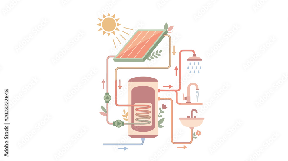 Naklejka premium Solar Water Heating System with Thermal Collector and Storage Tank
