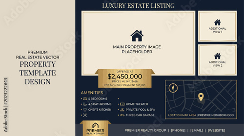 Luxury real estate property listing flyer design template with elegant dark golden borders and modern typography