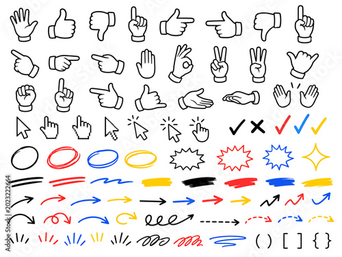 Set of hand gesture signs and directional arrows created with ink lines and colorful markers to provide clear visual cues for digital interface design navigation and interactive content