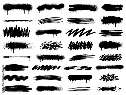 Black spray paint strokes collection feature various grunge textures and messy dripping marks created with aerosol canisters to provide artistic street style aesthetic for creative urban design