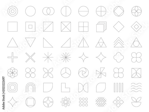 A vast collection of geometric line art symbols and mathematical patterns displays various basic shapes including triangles squares circles and polygons organized into a comprehensive grid of
