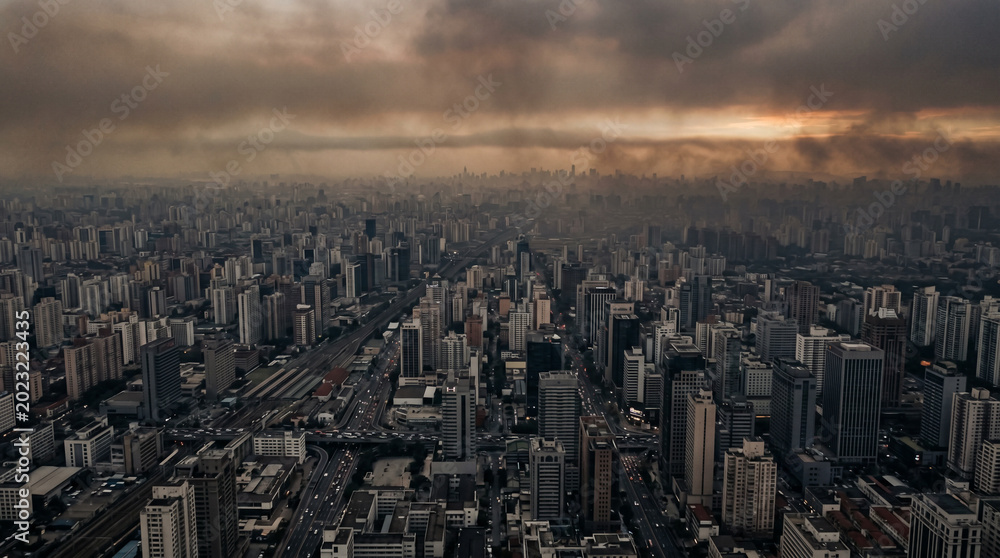 Obraz premium Dense Urban Sprawl Fading into Endless Horizon Powerful Aerial Cityscape Architecture Background Image