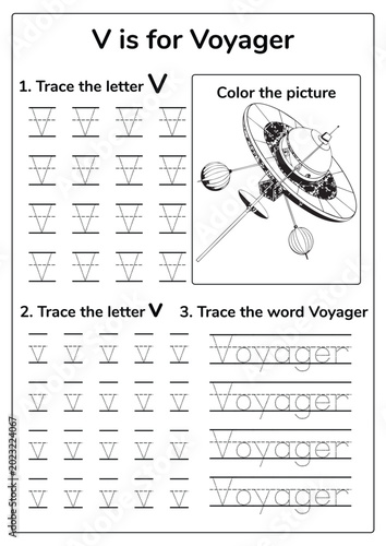 Letter V tracing worksheet for kids with Voyager space theme. Printable alphabet practice for preschool and kindergarten handwriting learning.