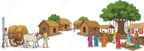 Rural indian village community scene with small mud houses