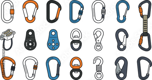 Bilde på lerret Carabiner and Climbing Gear Icon Set with Pulleys Swivels and Safety Hooks for M