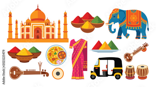 Indian national elements set with taj mahal elephant and sweets