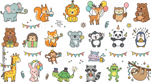 Canvas Print Cute Cartoon Animal Birthday Party Vector Set with Kawaii Jungle Forest and Safa