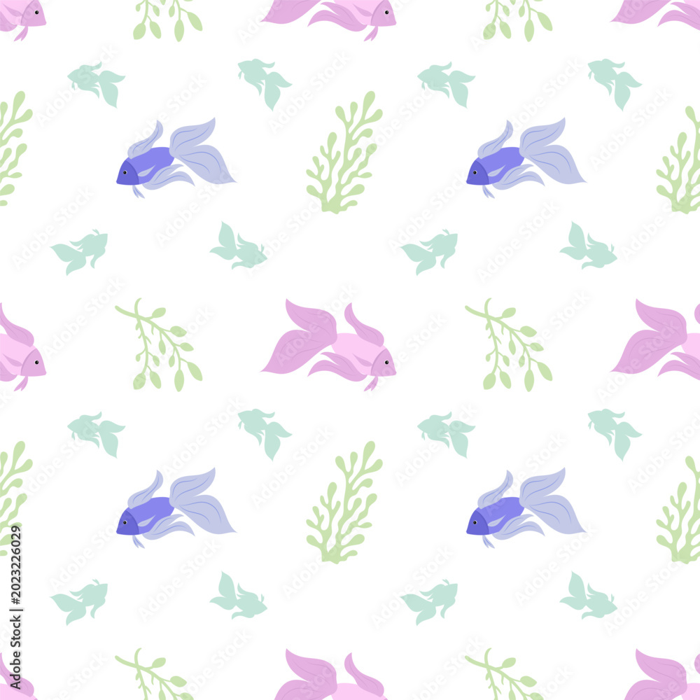 Fototapeta premium Seamless underwater pattern with marine creatures in cartoon graphic style . Flat ocean background with coral, aquatic animals, and reef life. Perfect design for sea themes, summer textiles, and