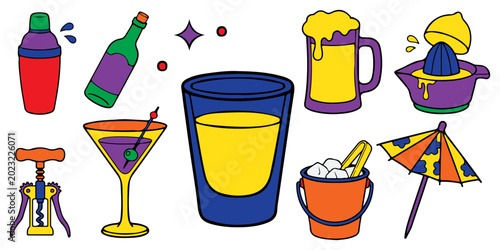 Photos Retro cartoon bold colorful bar and drinks object icon set with cocktail shaker,