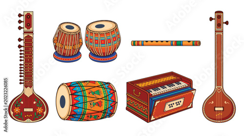 Classical indian musical instruments set with sitar and tabla