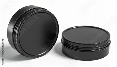 Black Round Metal Cosmetic Tins Isolated on White Background
