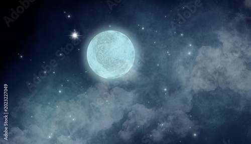 The moon and stars in a sky with wispy clouds; a digitally drawn background for use as a backdrop.