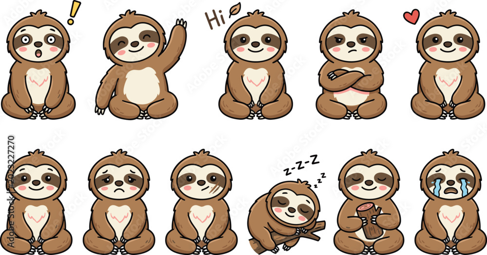 Obraz premium Cute Cartoon Sloth Character Emoji Set with Different Expressions Showing Happy Sad Sleeping and Angry Face Icons