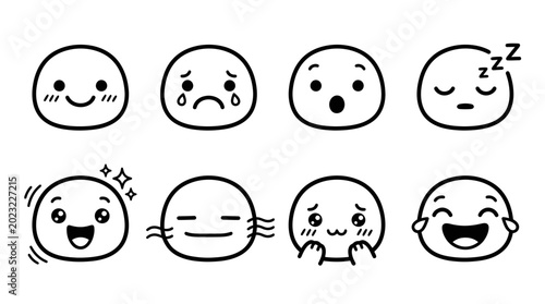 Obraz na płótnie Cute Emoticon Faces Set: Happy, Sad, Surprised, Sleepy, Excited, Bored, Shy, Lau