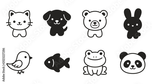 Konstfotografi Cute Kawaii Animals Collection: Cat, Dog, Bear, Rabbit, Bird, Fish, Frog, Panda