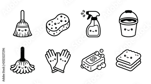 Cute Kawaii Cleaning Supplies Icons Set: Broom, Mop, Sponge, Gloves, Soap, Bucket
