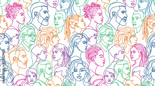 Photos Continuous line art seamless pattern of diverse people faces and profiles in col