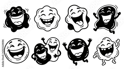 Fotografía Happy Blob Characters Laughing and Dancing - Black and White Cartoon