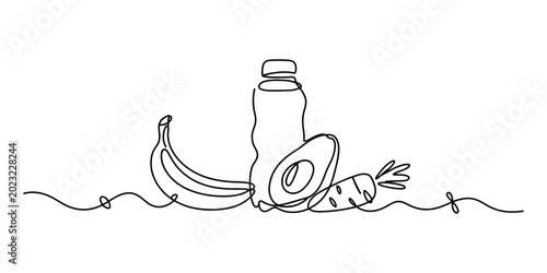 Tableau sur toile Continuous line drawing of banana, avocado, carrot, and water bottle for healthy