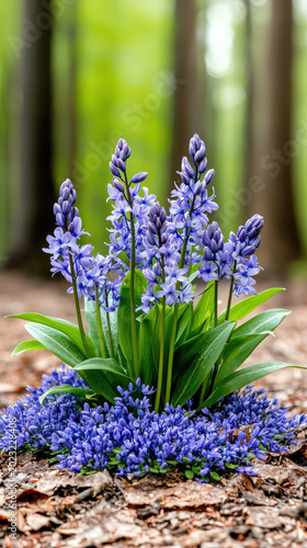 Bluebell flower cluster in forest floor with green leaf and spring bloom, soft natural light