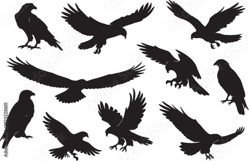Bild auf Leinwand Eagle silhouette vector set, flying hawk and falcon bird icons, black predatory