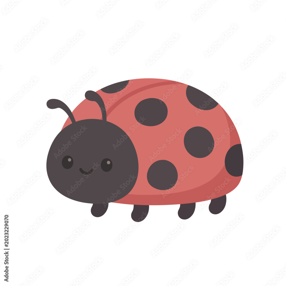Fototapeta premium Cute kawaii ladybug insect character walking with small legs side view