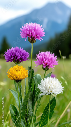 Wildflower meadow with colorful clover blooms in natural light and soft mountain background
