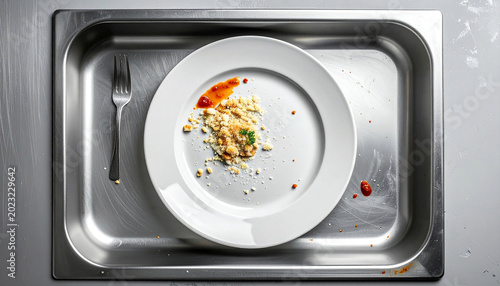 Dirty white plate with dessert crumbs and fork in stainless steel sink. 