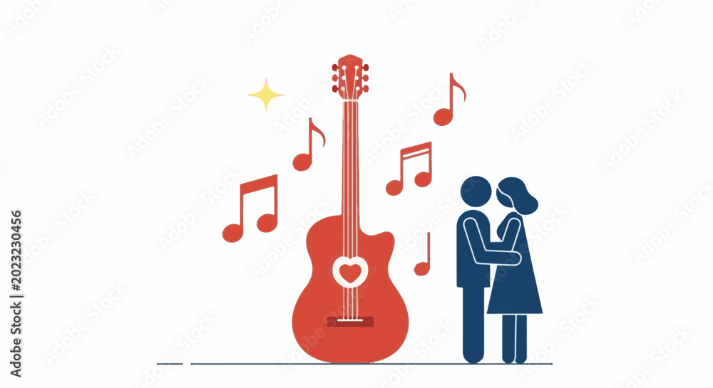 Εκτύπωση καμβά Couple dancing near a guitar with musical notes and a star