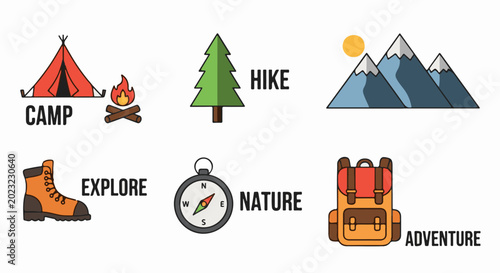 Cuadro en lienzo Outdoor adventure icons tent, campfire, tree, mountains, boot, compass, backpack