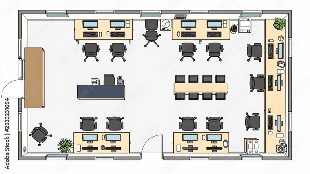 Φωτογραφία modern office interior layout with black chairs wooden desks and computer monito