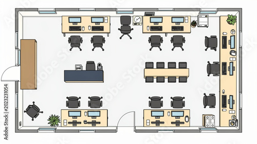 Photos modern office interior layout with black chairs wooden desks and computer monito