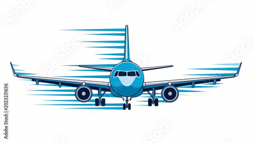 blue airplane front view with motion lines dynamic travel and aviation concept