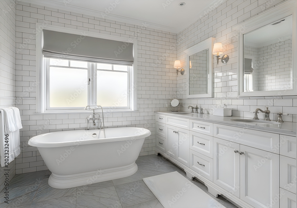 Fototapeta premium Modern bathroom interior with white bathtub and double sink vanity