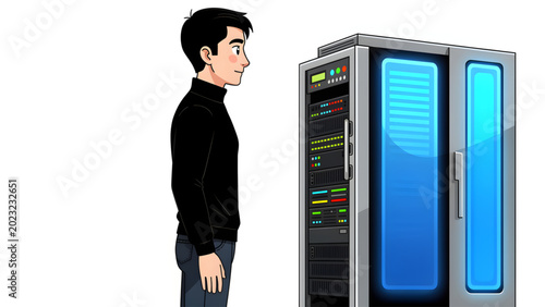 Bild auf Leinwand young man wearing black observing blue server racks with colorful indicator ligh