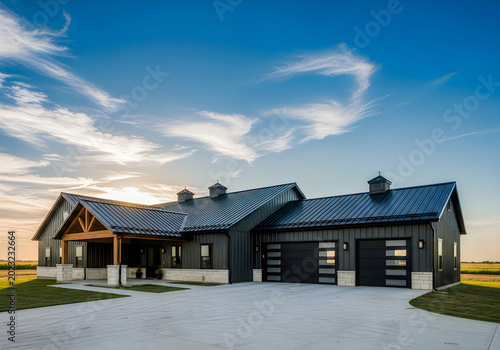 Modern farmhouse style home with metal roof and garage doors  rural landscape