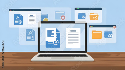 digital file management with laptop blue folders documents icons on wooden desk