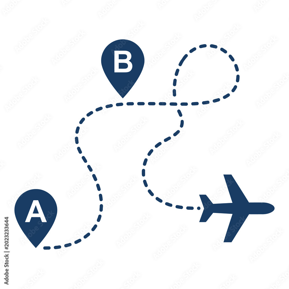 Behang Flight route map with airplane and location pins A and B icon