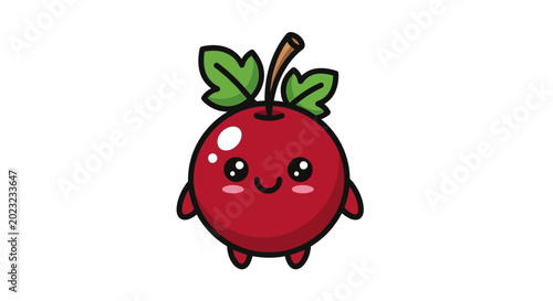 Cute cartoon cherry with green leaves.