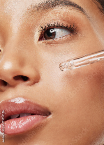 Obraz na plátně Woman, skincare or serum with dropper, oil or retinol for hydration, vitamin C or collagen